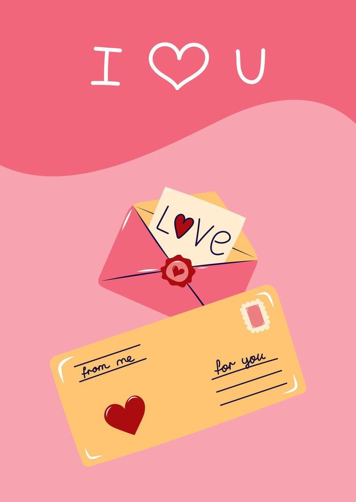 Valentine's Day Card with two envelopes and love note. Simple cute greeting card. illustration. vector