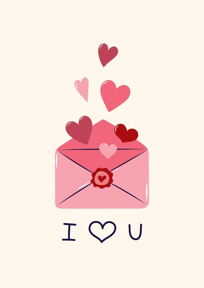Valentine's Day card with hearts flying out of open envelope. Simple cute greeting card. illustration. vector