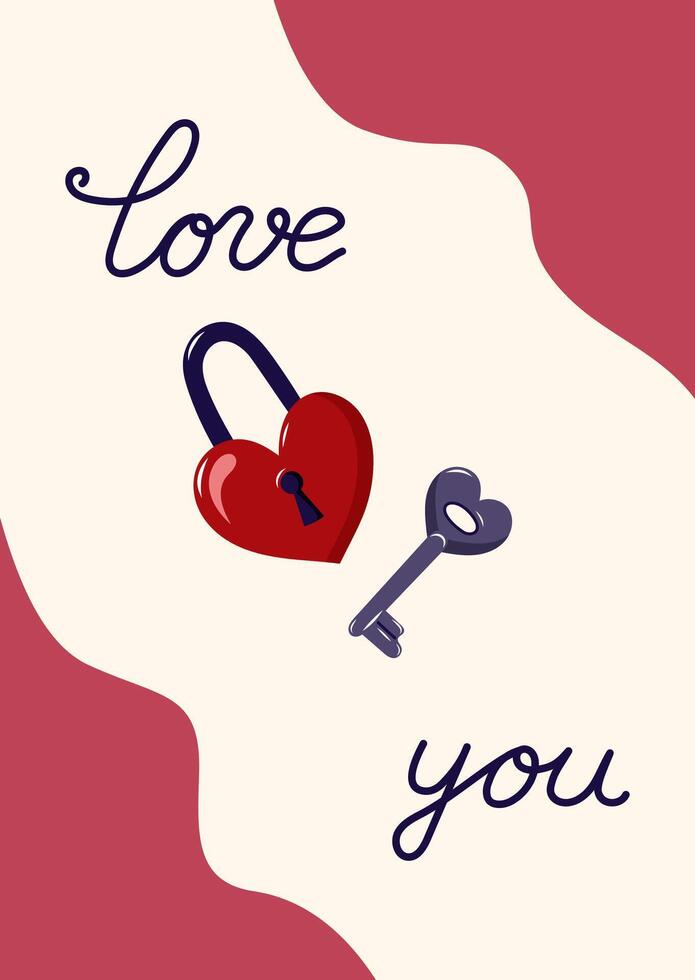 Valentine's Day Card with Heart shaped lock and key. Simple cute greeting card. illustration. vector