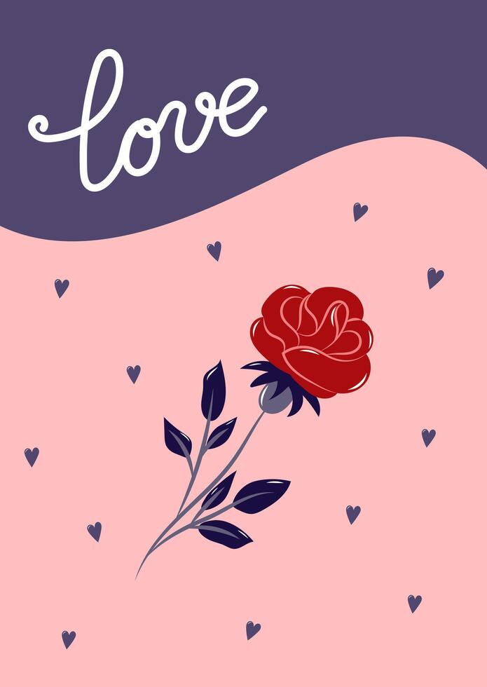 Valentine's Day Card with red rose. Simple cute greeting card. illustration. vector