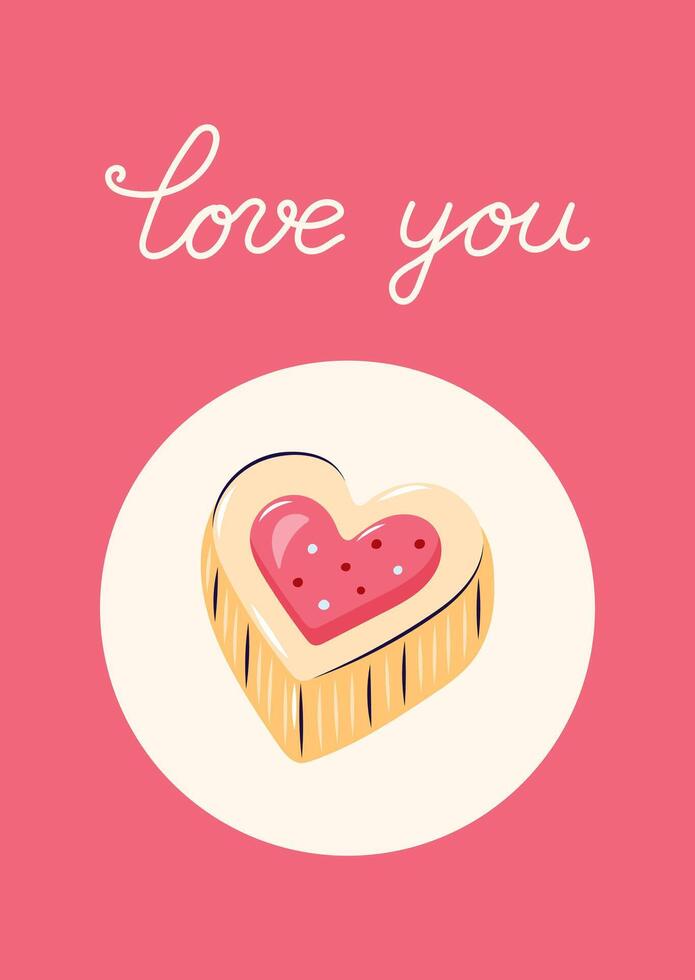 Valentine's Day Card with Heart shaped cookie. Simple cute greeting card. illustration. vector
