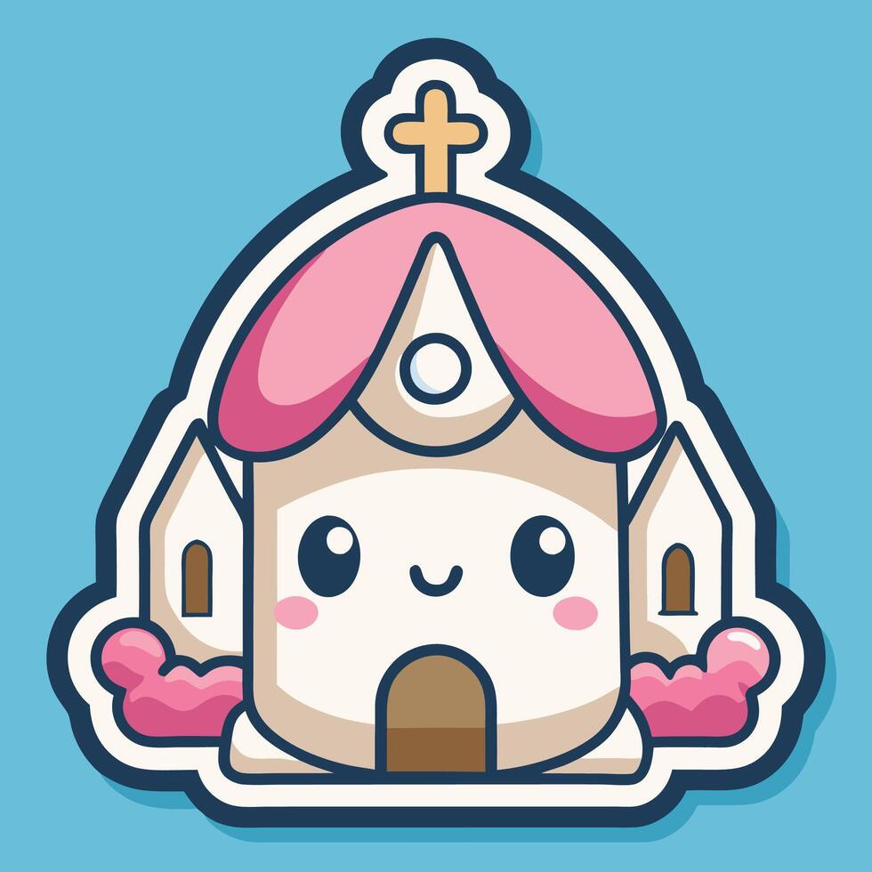 a cartoon church with a pink roof and a cross on it vector
