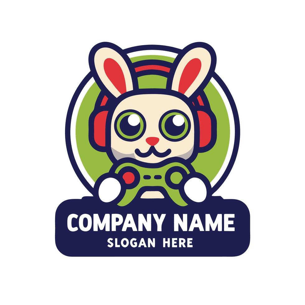a bunny wearing headphones and holding controller logo vector
