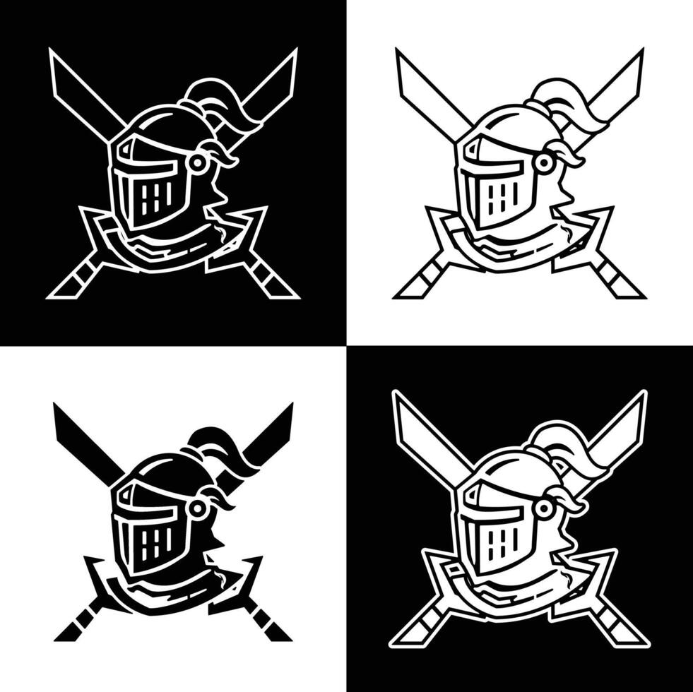 Minimalist Knight Logo Design with Crossed Swords - Black and White Variations vector