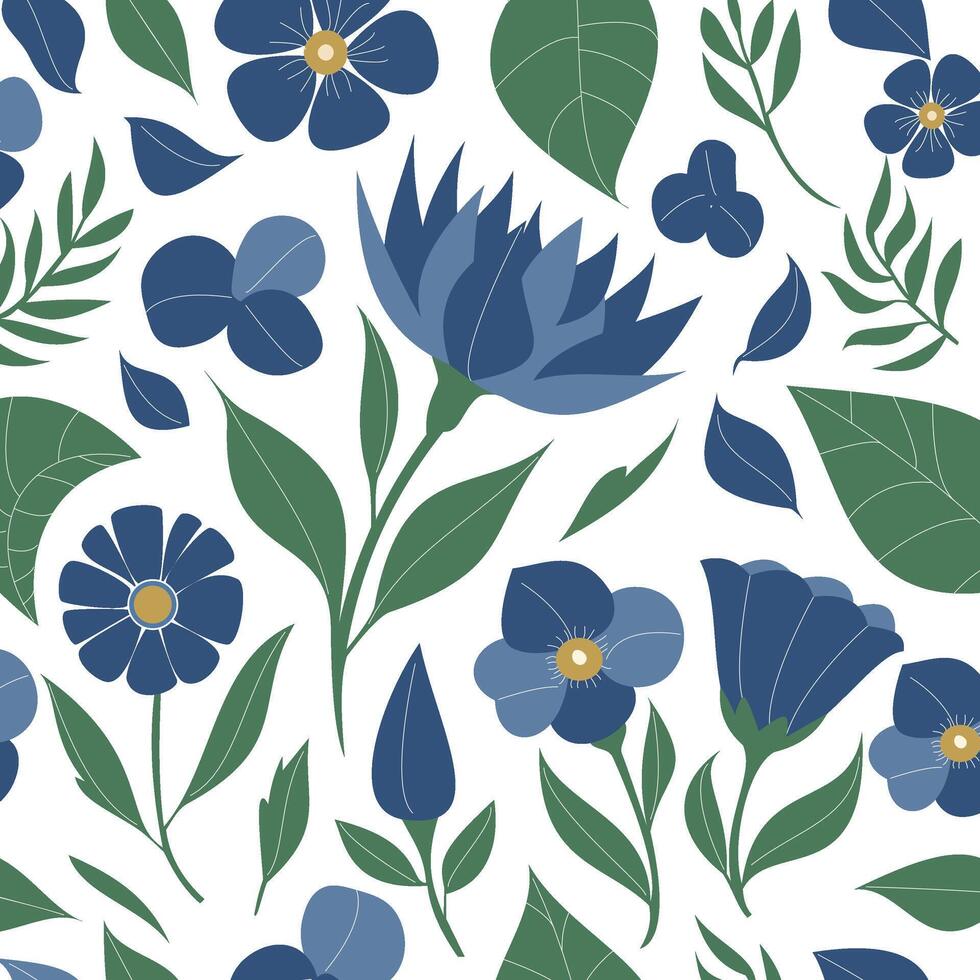 Blue flowers with green leaves natural blooming hand draw pattern vector