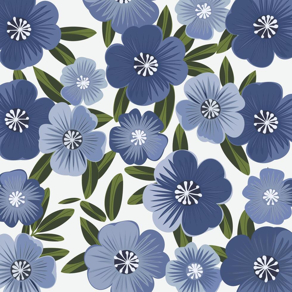 Blue flowers with green leaves hand draw pattern vector