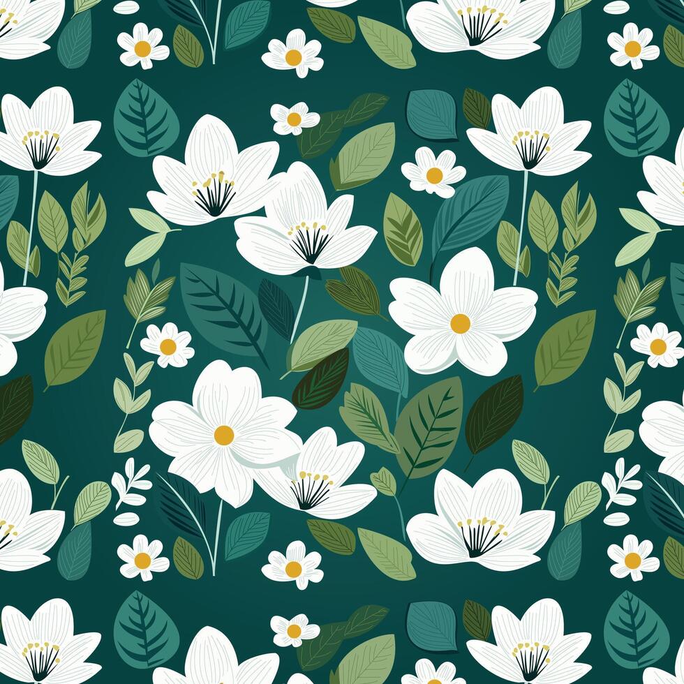 white with green leaves hand draw blooming natural flower pattern vector