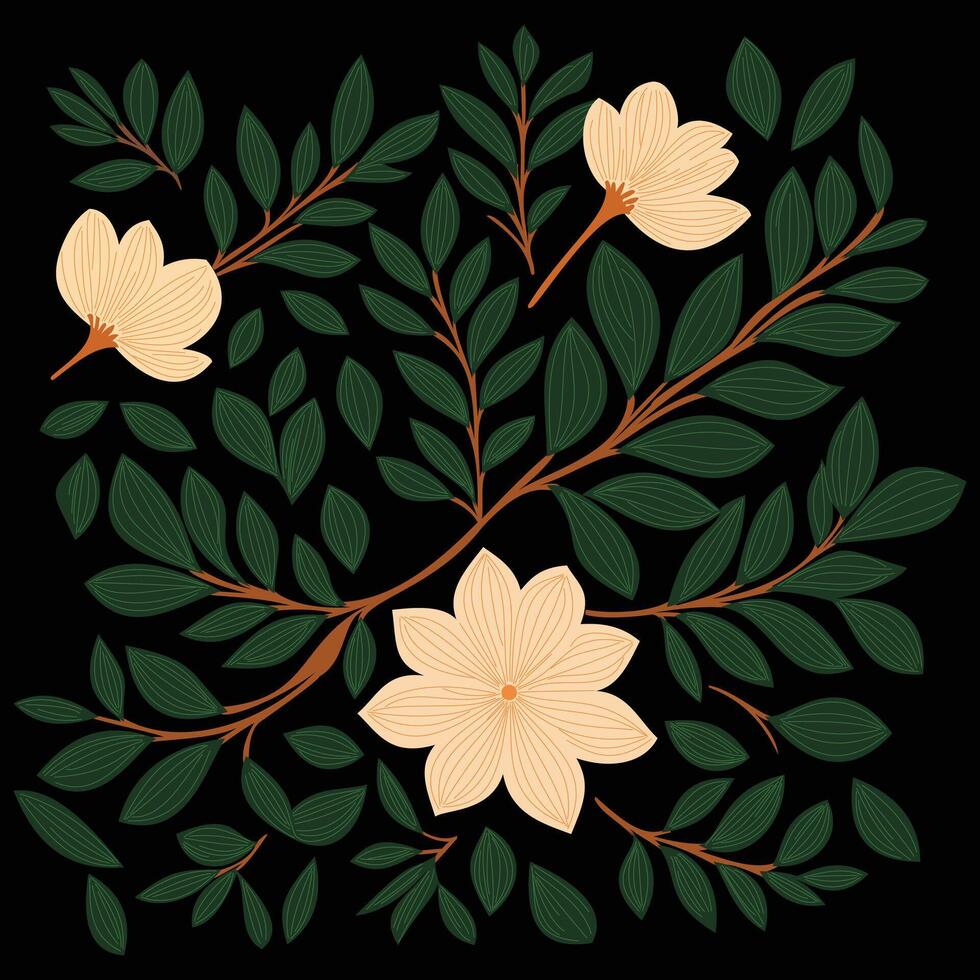 hand draw green leaves with blooming flowers pattern vector