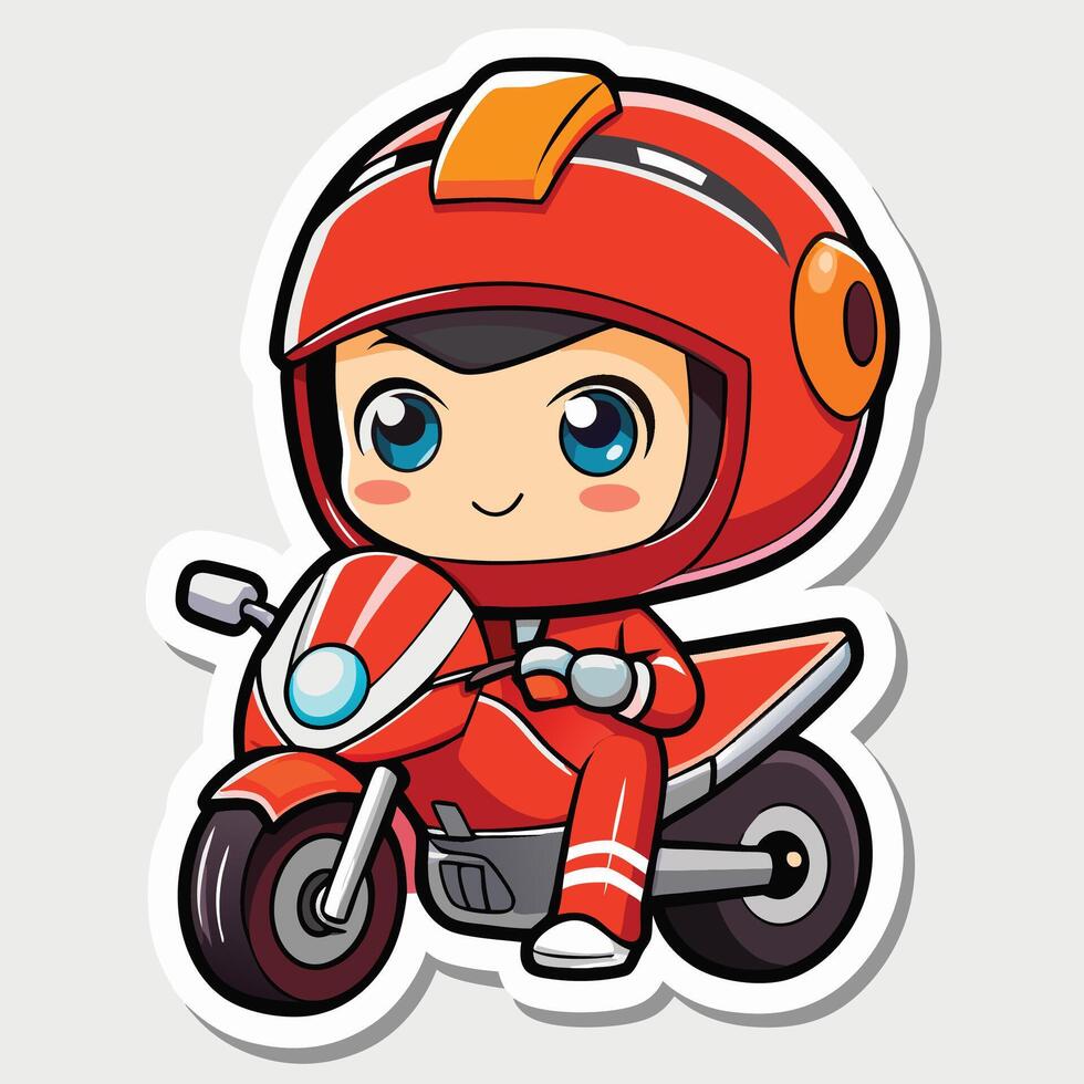 sticker of a cartoon boy riding a motorcycle vector