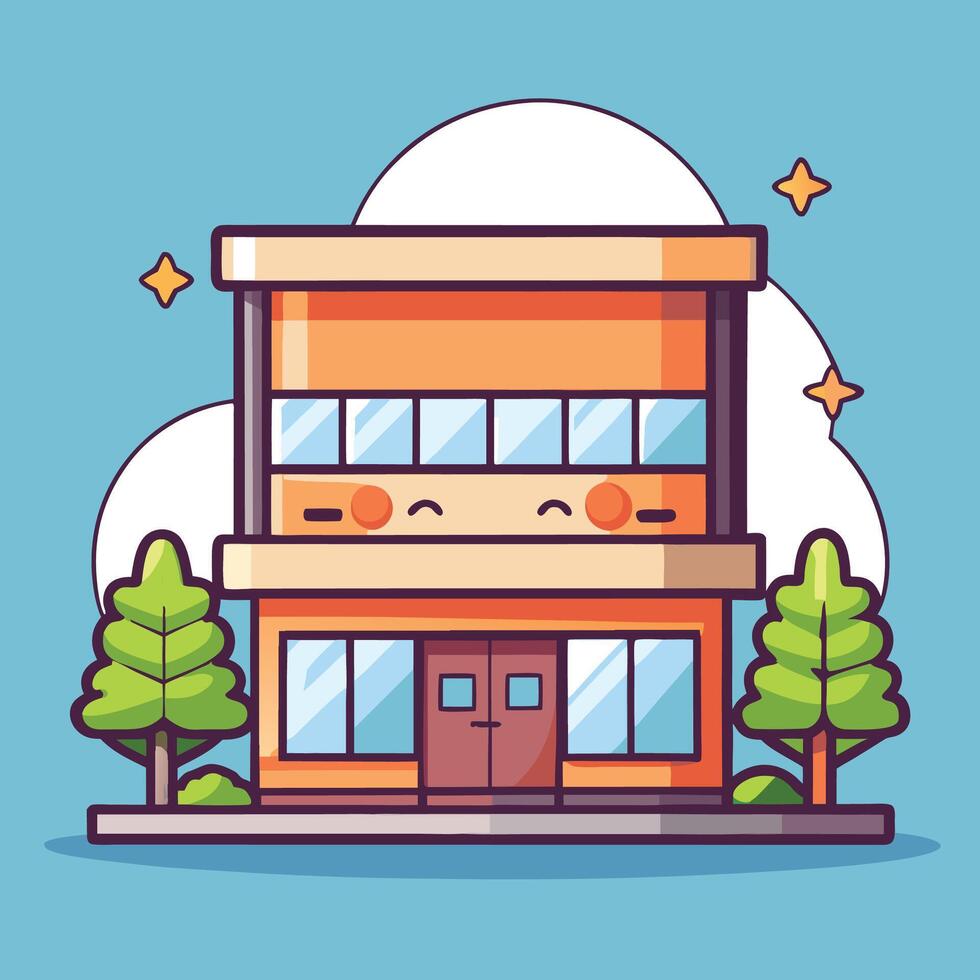 a cartoon building with trees and clouds vector