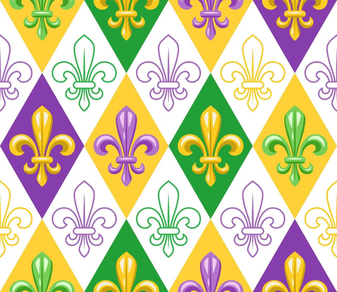 Geometric Mardi Gras pattern with Fleur de lis symbol. Diagonal classic diamond shaped rhombus grid. Harlequin ornament. Bright colors on white. vector