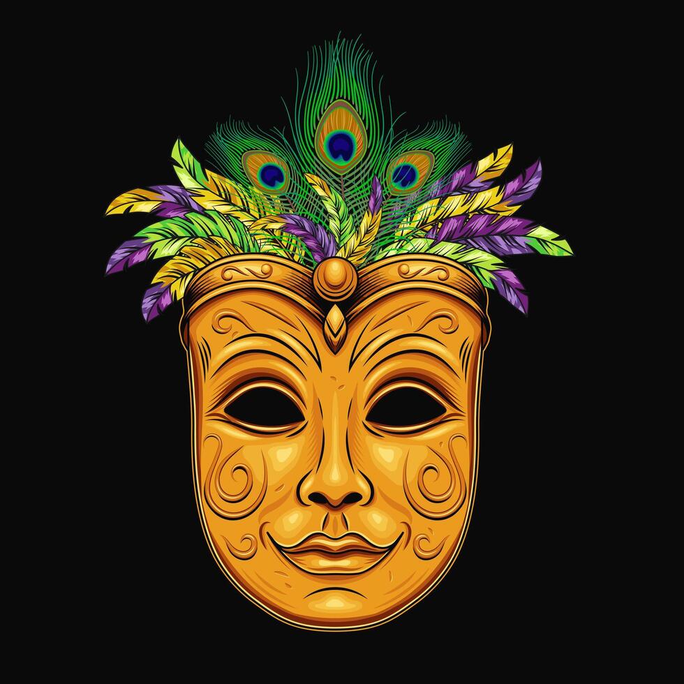 Carnival golden venetian face mask with feathers vector