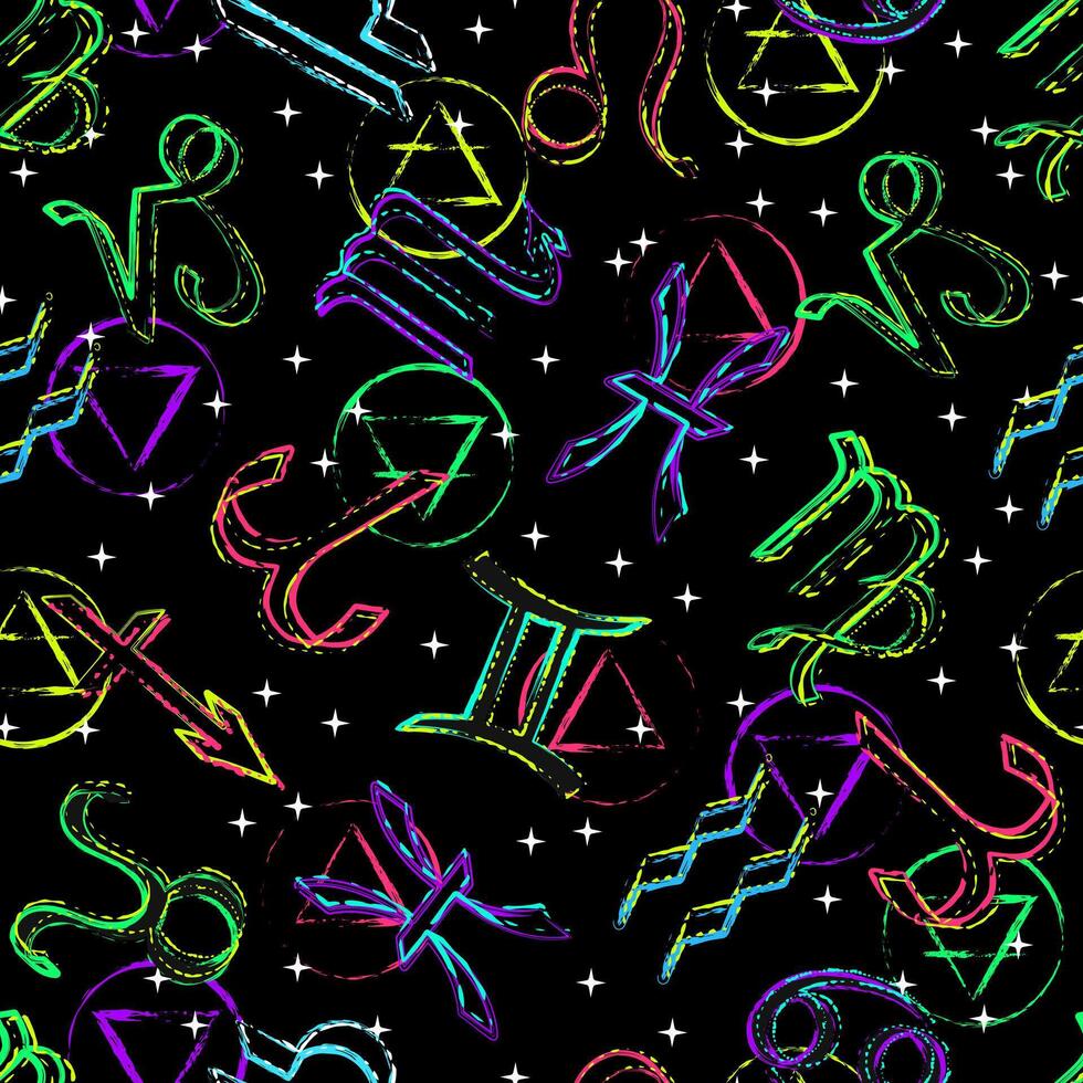 Seamless neon grunge pattern with icons of all zodiac signs, stars, alchemical signs of the element of fire, earth, air, water. Esoteric mystic concept. For prints, clothing, t shirt, surface design vector