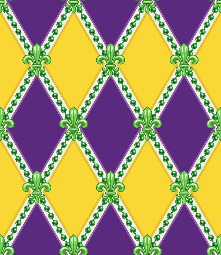 Geometric Mardi Gras pattern with green Fleur de lis symbol, strings of beads. Diagonal rhombus grid. Harlequin ornament. Vintage style. vector