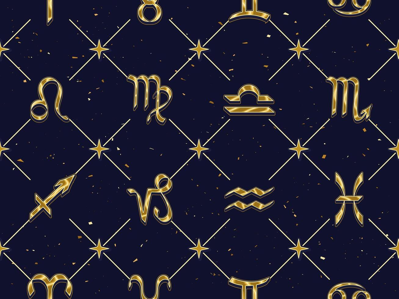 Seamless geometric pattern with golden icons of all zodiac signs, stars on dark background. Classic square geometric diagonal net grid background. Esoteric mystic concept. vector
