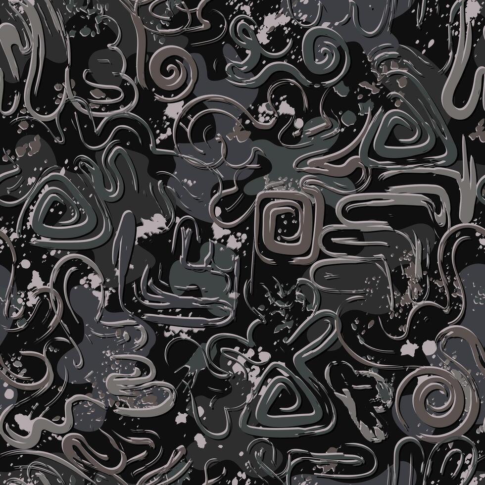 Seamless gray camouflage pattern with abstract wavy shapes, swirls, twirls, paint brush strokes, blots, spattered paint. Dense random composition. Grunge texture vector