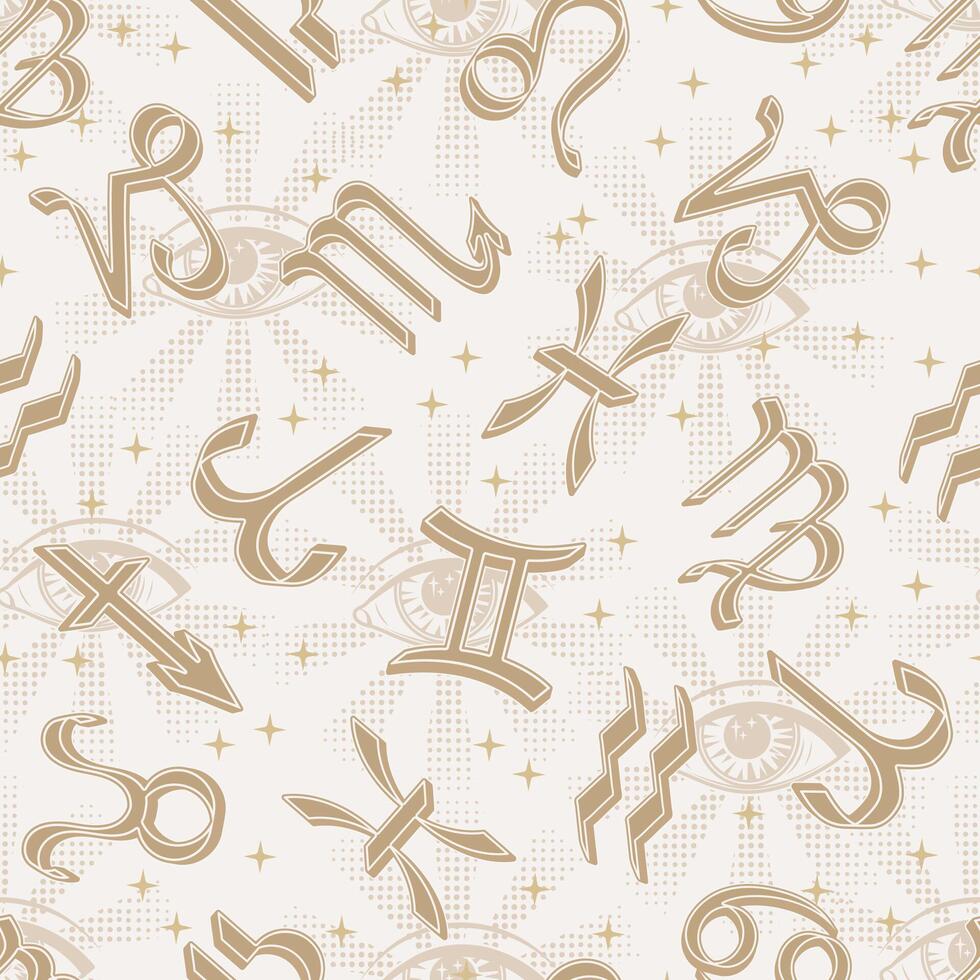 Seamless pale pattern with icons of all zodiac signs, stars, third eye, all seeing eye on white background. Esoteric mystic concept. For prints, clothing, t shirt, surface design vector