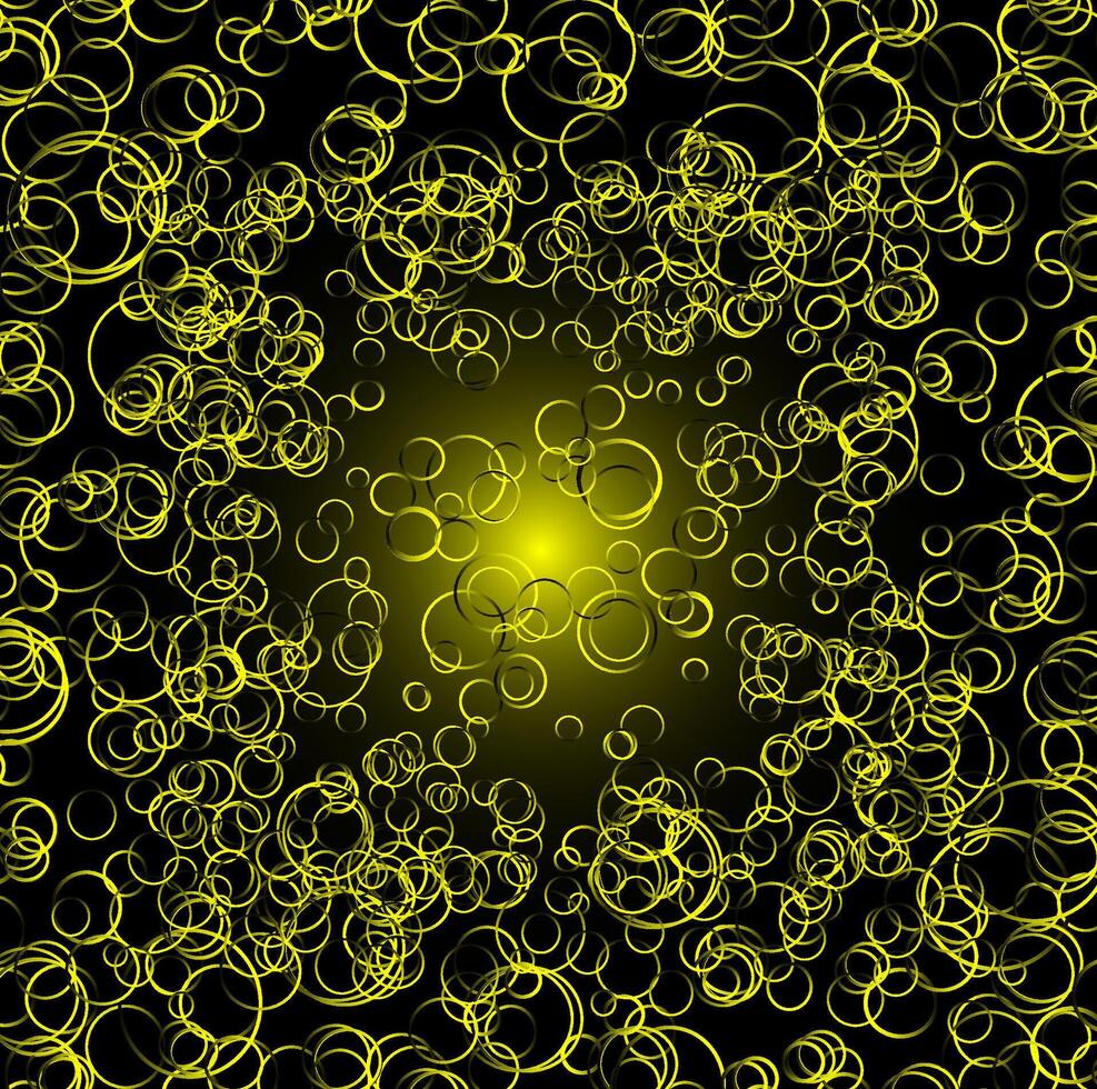Abstract background decorated with a pattern in the form of golden balls and bubbles arranged in a circle on a black background vector
