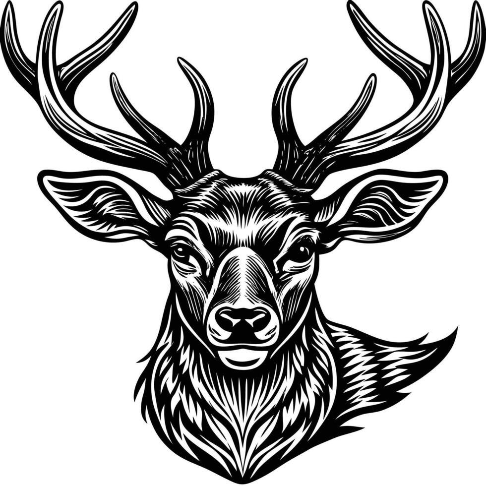 black and white illustration of a deer head logo designs vector