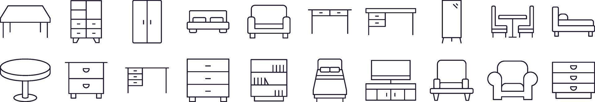 Set of Line Icons of Table, Closet, Mirror, Chair and Table. Editable Stroke. Minimalistic Linear Pictogram for Design of Cards, Apps, Banners, Posts vector