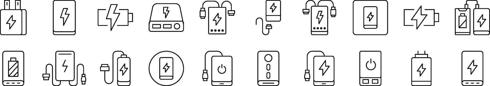 Energy, Charger, Battery Line Icon Collection. Editable Stroke. Minimalistic Linear Pictogram for Design of Cards, Apps, Banners, Posts vector