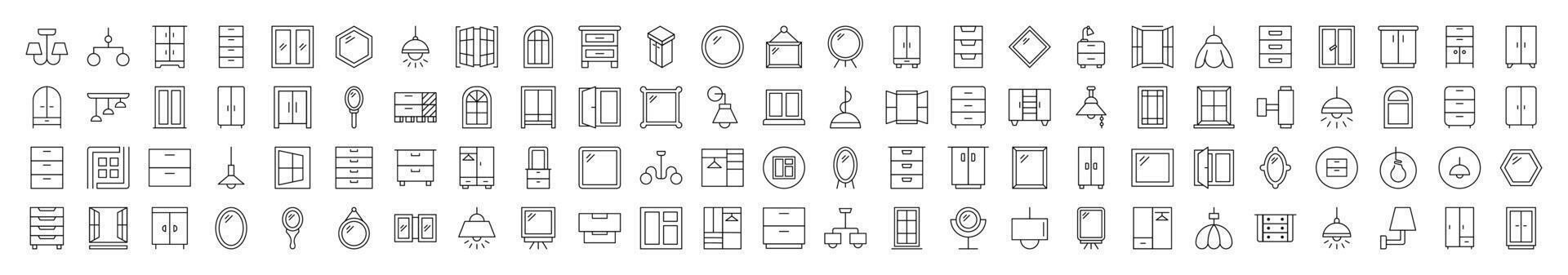Window, Lamp, Mirror, Dresser, Chandelier Thin Icons Collection. Editable Stroke. Suitable for Web Sites, Books, Cards, Apps vector