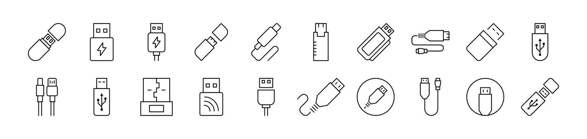 Set of Line Icons of USB Cable. Editable Stroke. Minimalistic Linear Pictogram for Design of Cards, Apps, Banners, Posts vector