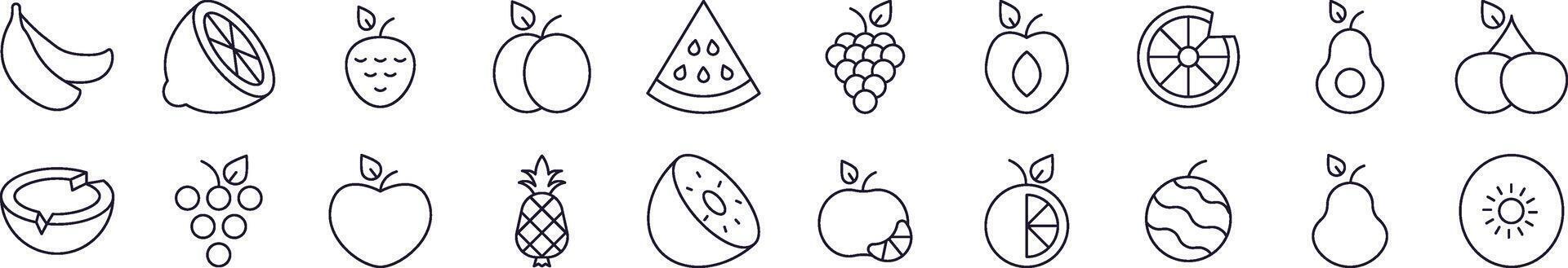Watermelon, Coconut, Grape and Other Fruits Line Icon Pack. Editable Stroke. Minimalistic Linear Pictogram for Design of Cards, Apps, Banners, Posts vector