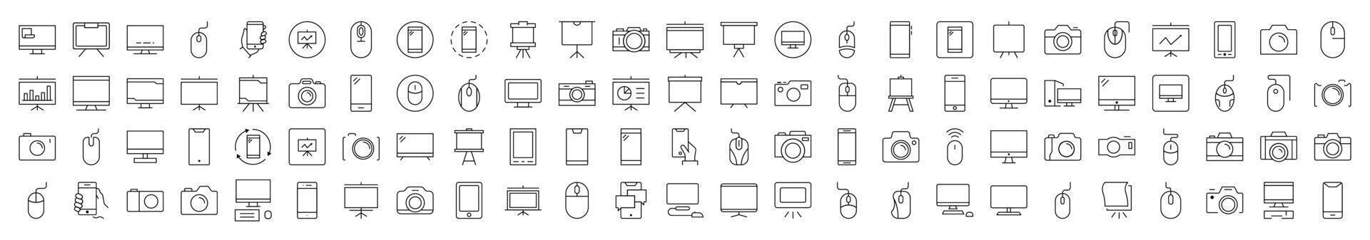 Devices Phone, Photo Camera, Computer Mouse and PC Thin Line Icon Set. Editable Stroke. Suitable for Banners, Cards, Social Networks, Apps vector