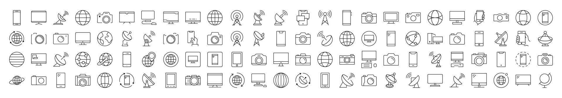 Photo Camera, Globe, Computer, Radio Locator, Phone Line Icon Collection. Editable Stroke. Minimalistic Linear Pictogram for Design of Cards, Apps, Banners, Posts vector