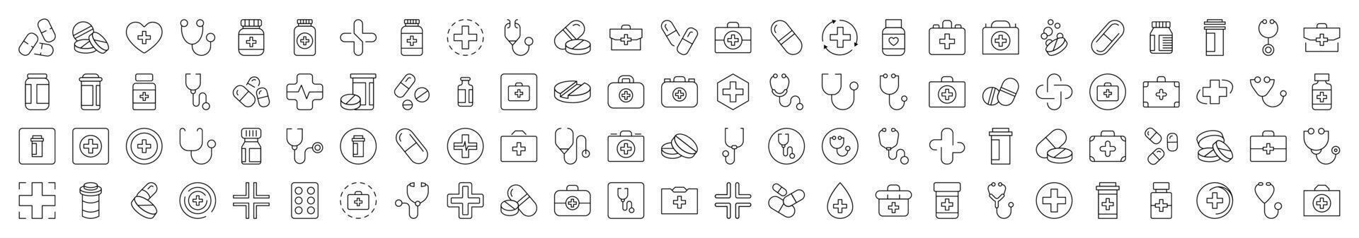 Bundle of Health Care Related Line Icons. Editable Stroke for Design, Web Sites, Apps, Cards. Contains Linear Images of Medical Cross, Pills, Stethoscope, Suitcase vector