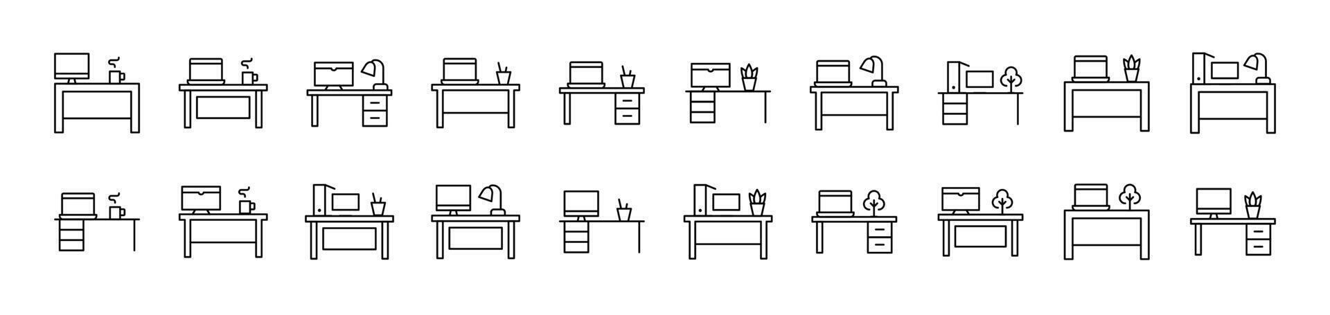 Computer on Table Thin Icons Collection. Editable Stroke. Suitable for Web Sites, Books, Cards, Apps vector
