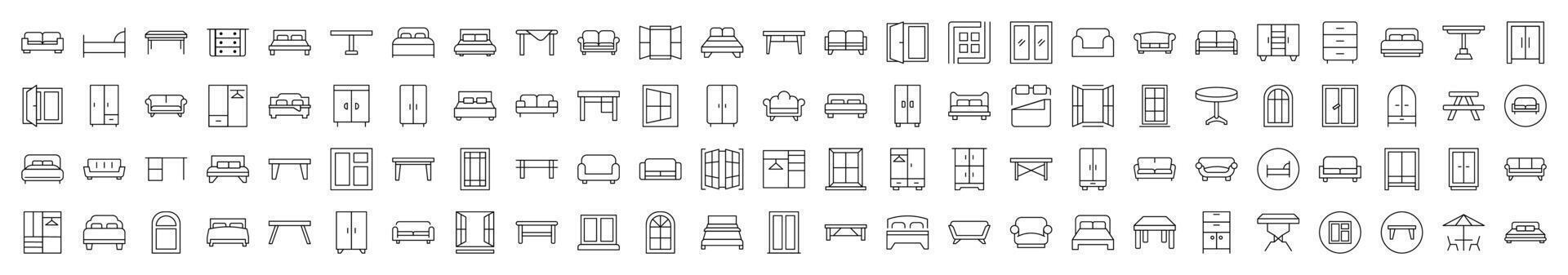 Pack of Furniture Related Line Icons. Editable Stroke for Design, Web Sites, Apps, Cards. Contains Linear Images of Dresser, Couch, Sofa, Table, Window vector