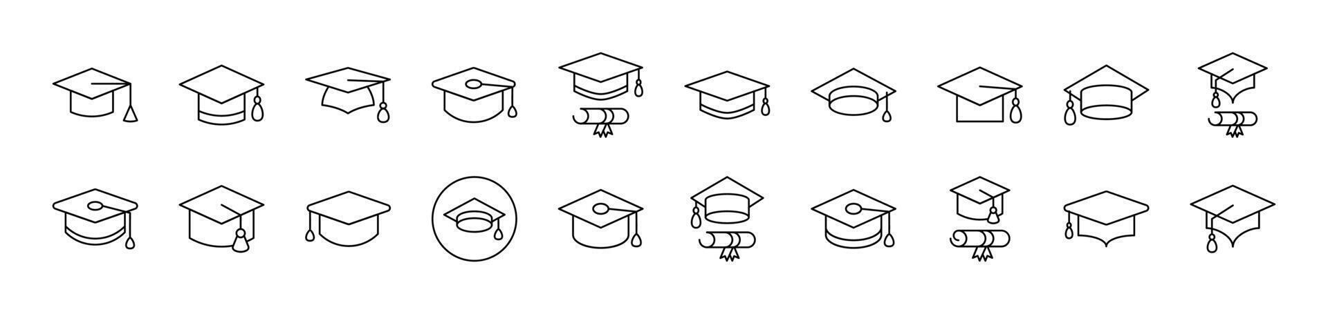 Academic Square Cap Bundle of Thin Icons. Editable Stroke. Suitable for Web Sites, Books, Cards, Apps vector
