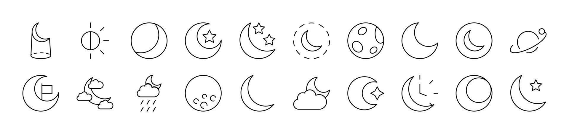 The Moon and Crescent Set of Thin Icons. Editable Stroke. Suitable for Web Sites, Books, Cards, Apps vector