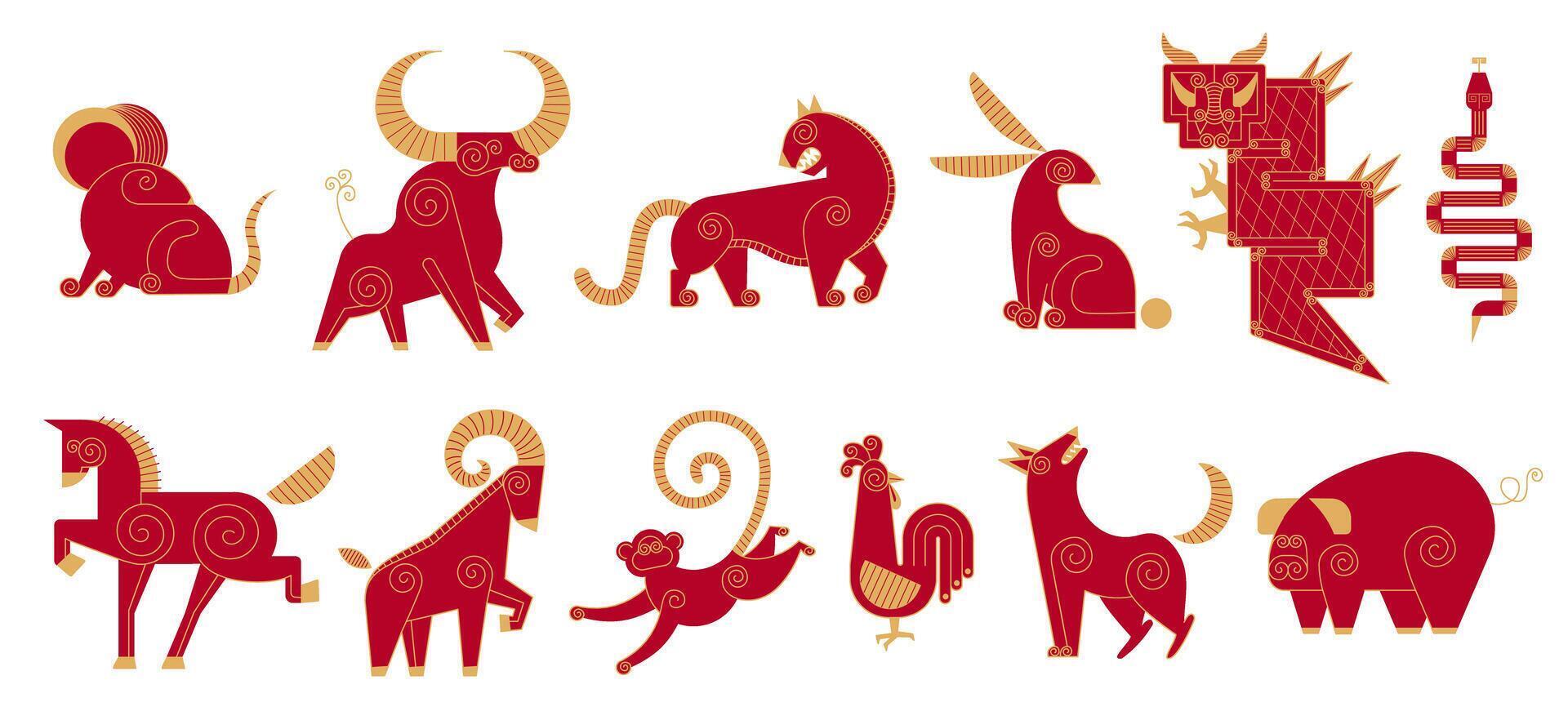 Set Trendy Chinese new year horoscope abstract red and gold geometric animals flat simple minimalist local style. Chinese zodiac calendar logo, Asian lunar astrological signs vector