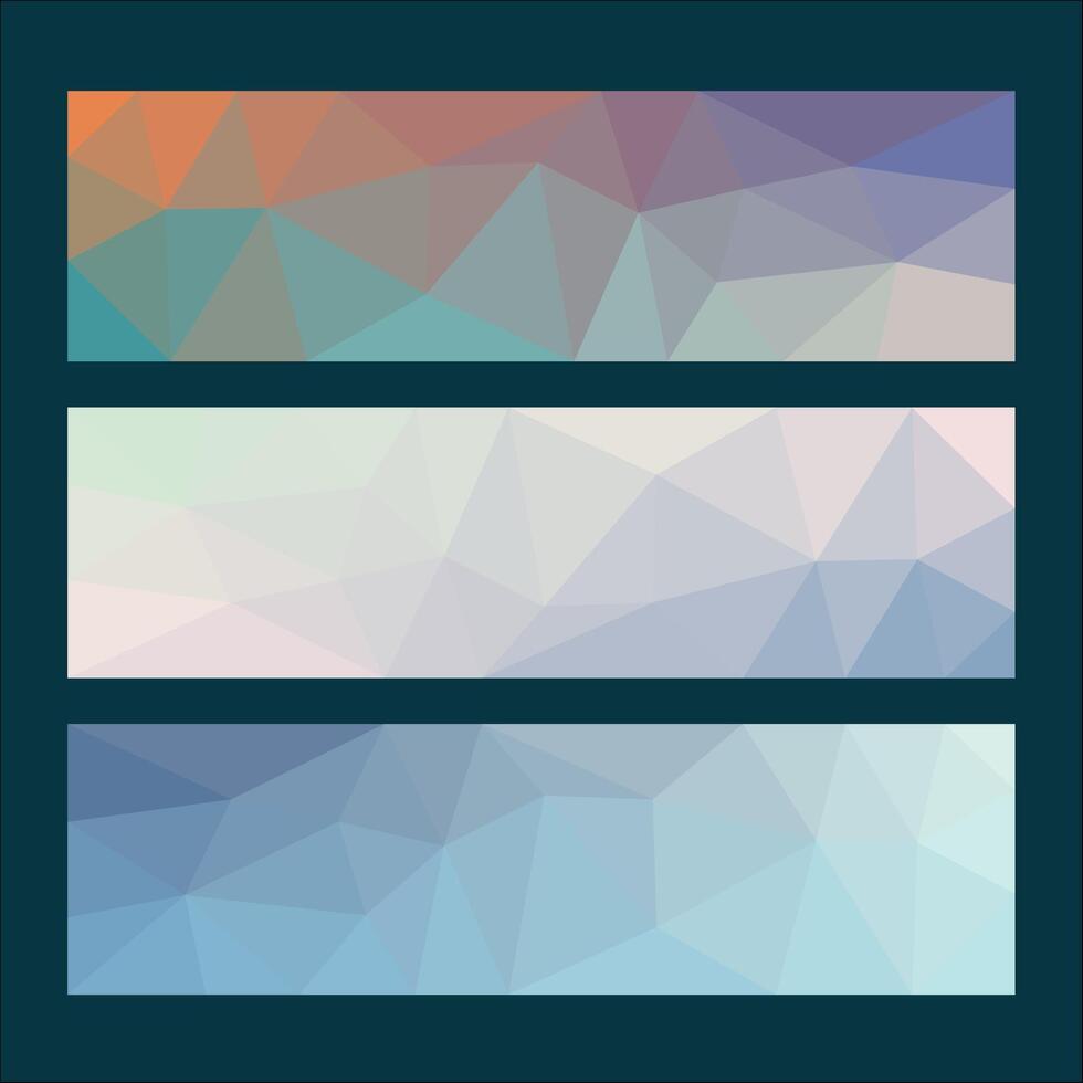 A set of three gradient-filled rectangular banners with geometric low-poly patterns, transitioning from warm to cool tones on a dark teal background. vector