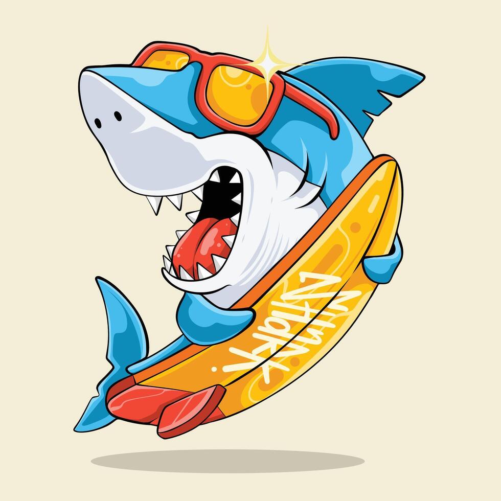 Shark surfing on a surfboard illustration vector