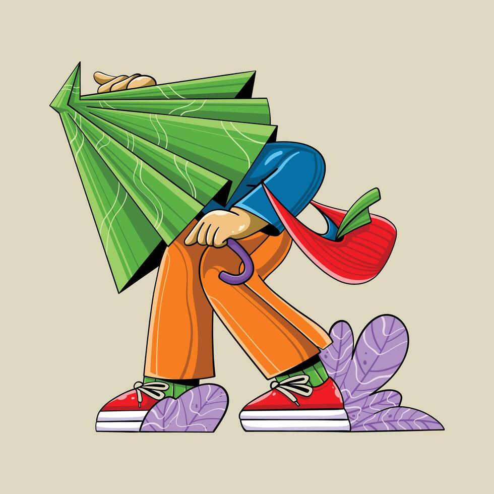 A cartoon man with a green umbrella vector