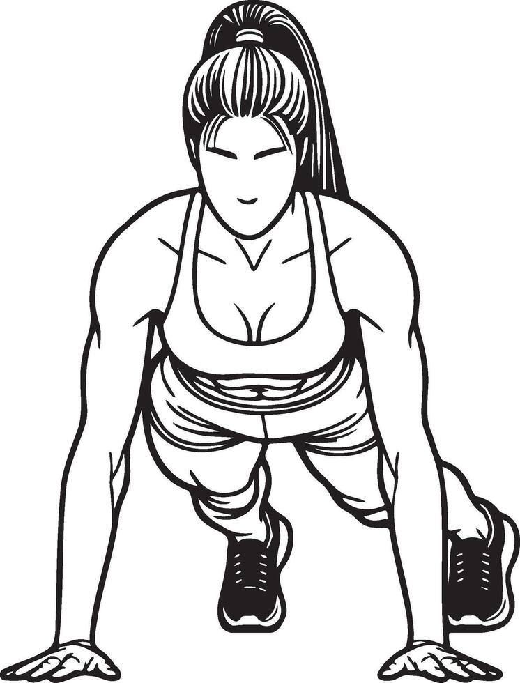 Woman Do Pushups Sketch Drawing. vector