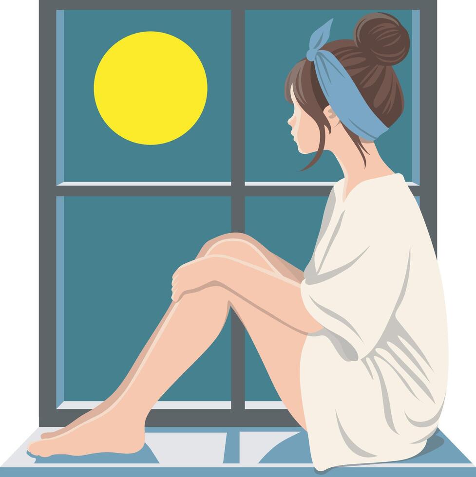 Woman Sitting Windowsill Illustration. vector