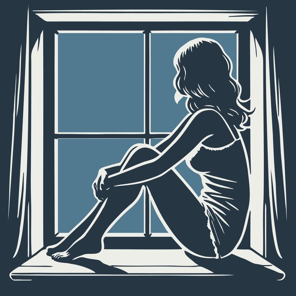 Woman Sitting Windowsill Black and White Illustration. vector