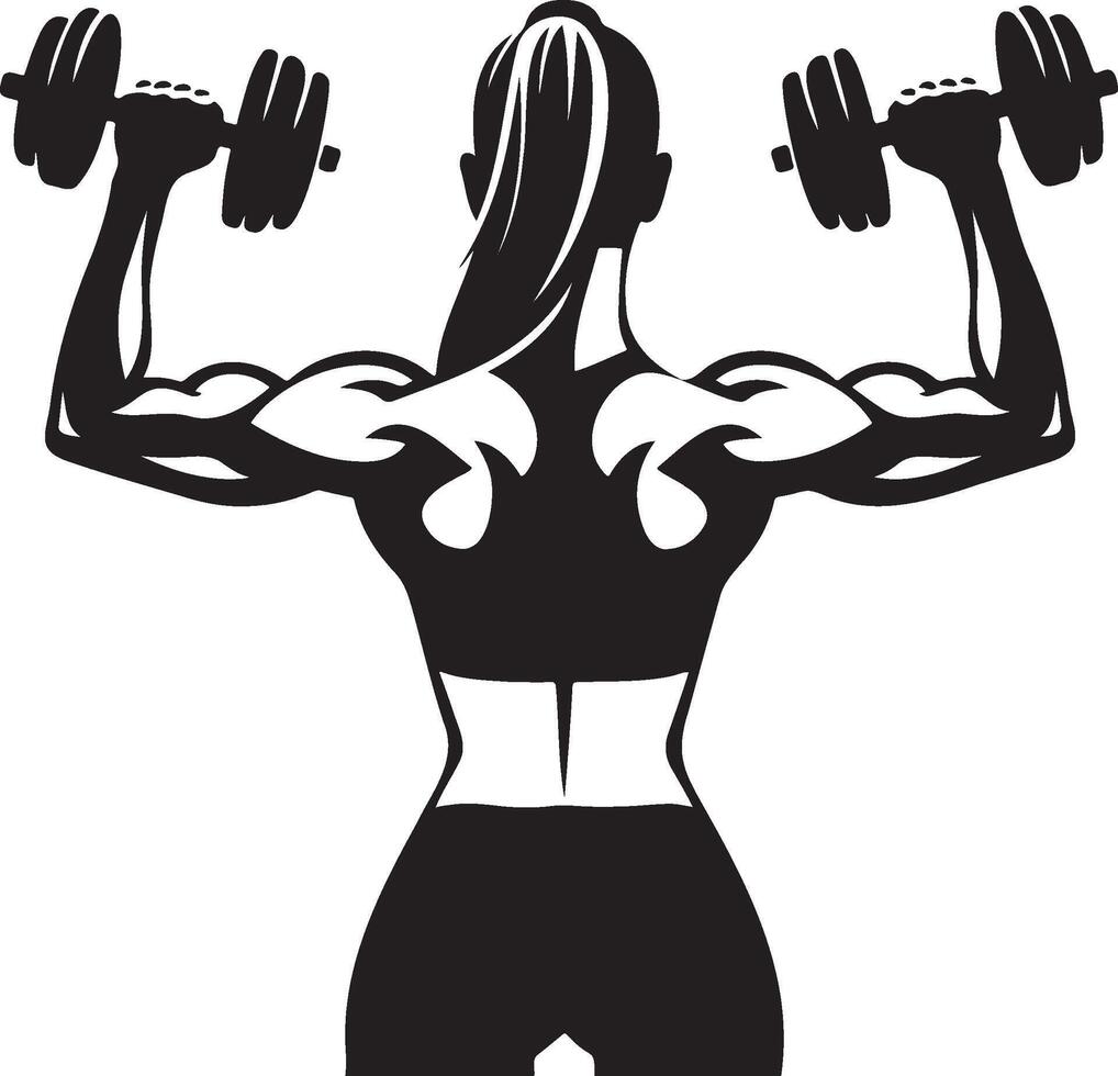 Back View of Woman Do Workouts with Dumbbells. vector