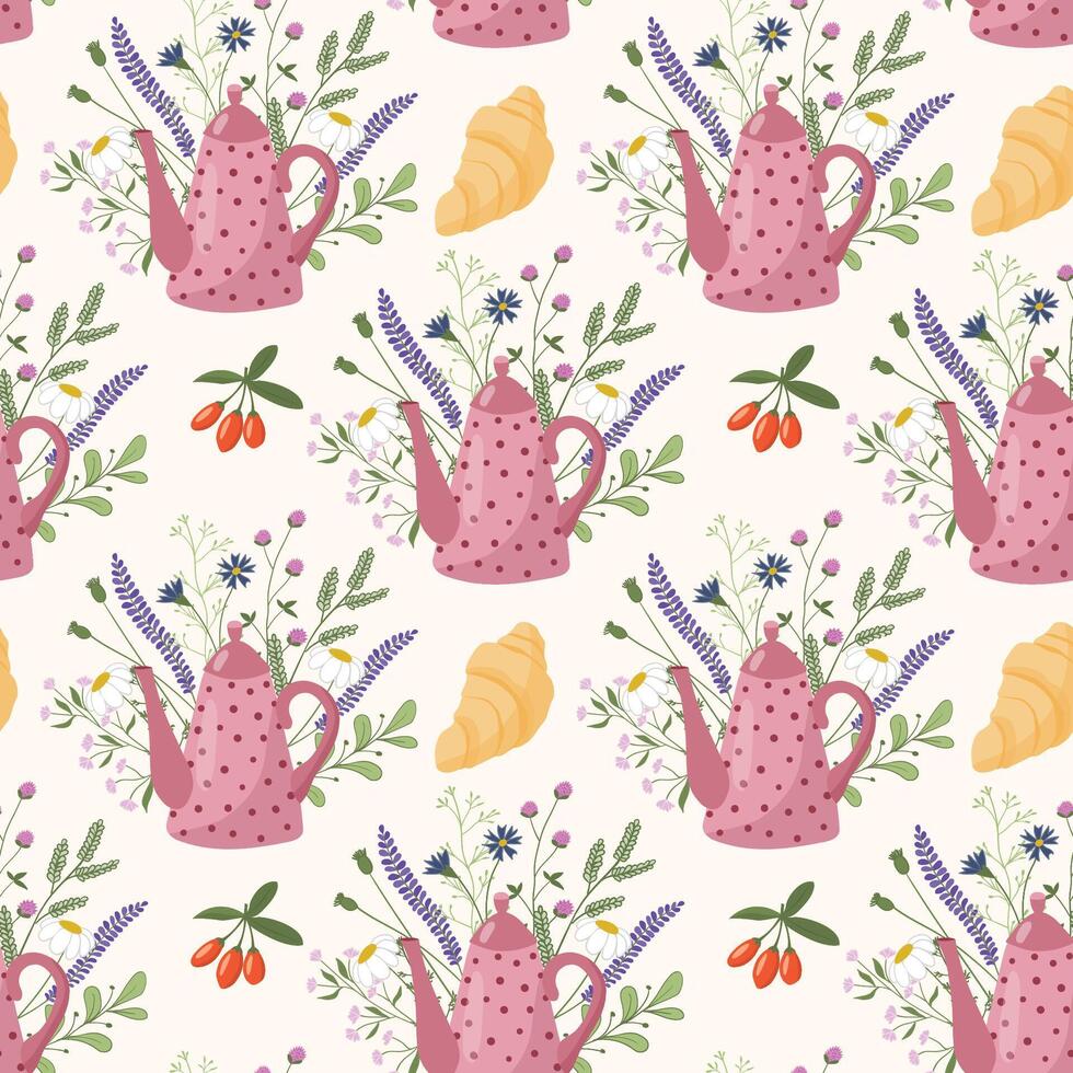 Seamless pattern of a doodle teapot with herbal tea, berries and croissant vector