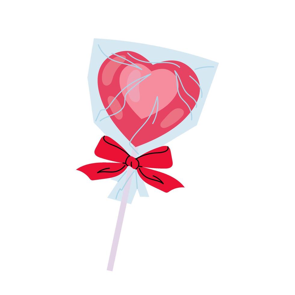 Sweet lollipop in the shape of a heart. Valentine's day. Flat illustration of candy in transparent packaging. vector