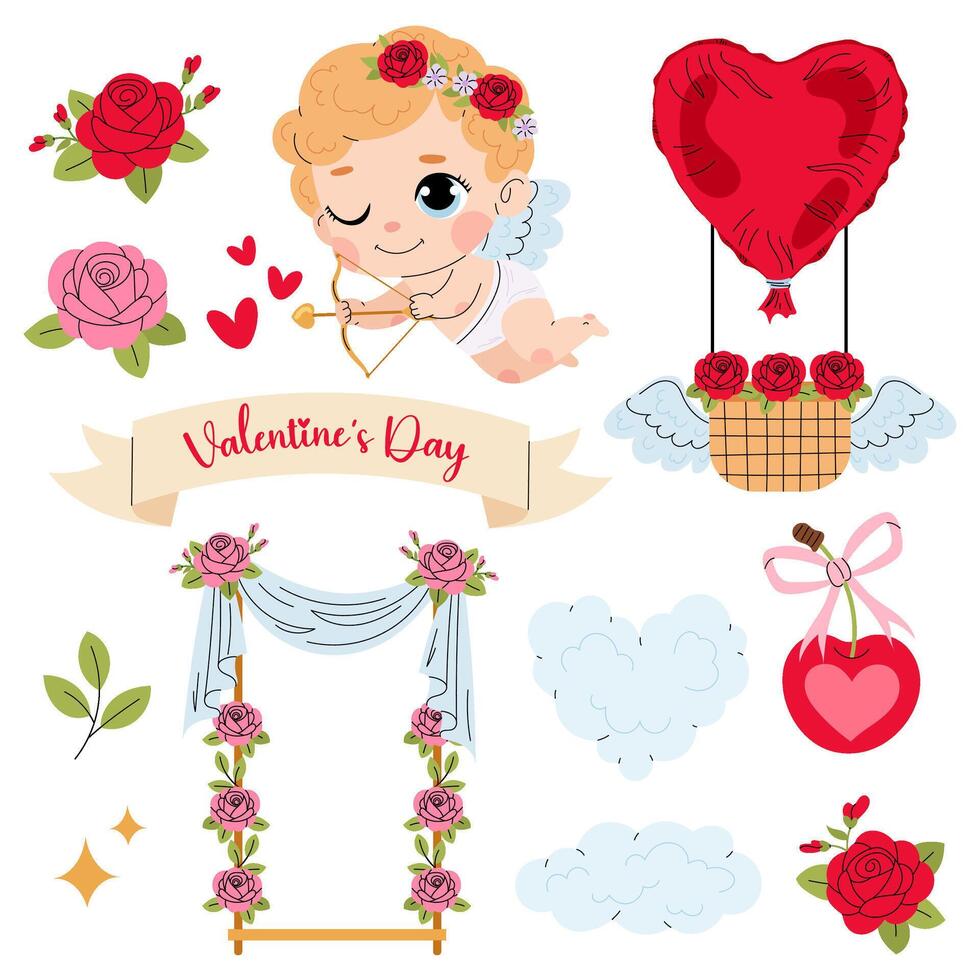 Set of illustrations for Valentine's Day. Cupid, swing, roses, ribbon, balloon in flat style. vector