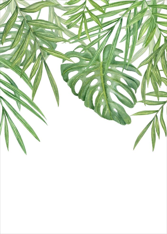 Watercolor tropical leaves vertical frame with copy space for text. Hand painted exotic monstera and palm green branches composition. Summer plants illustration for greeting cards, invitation vector