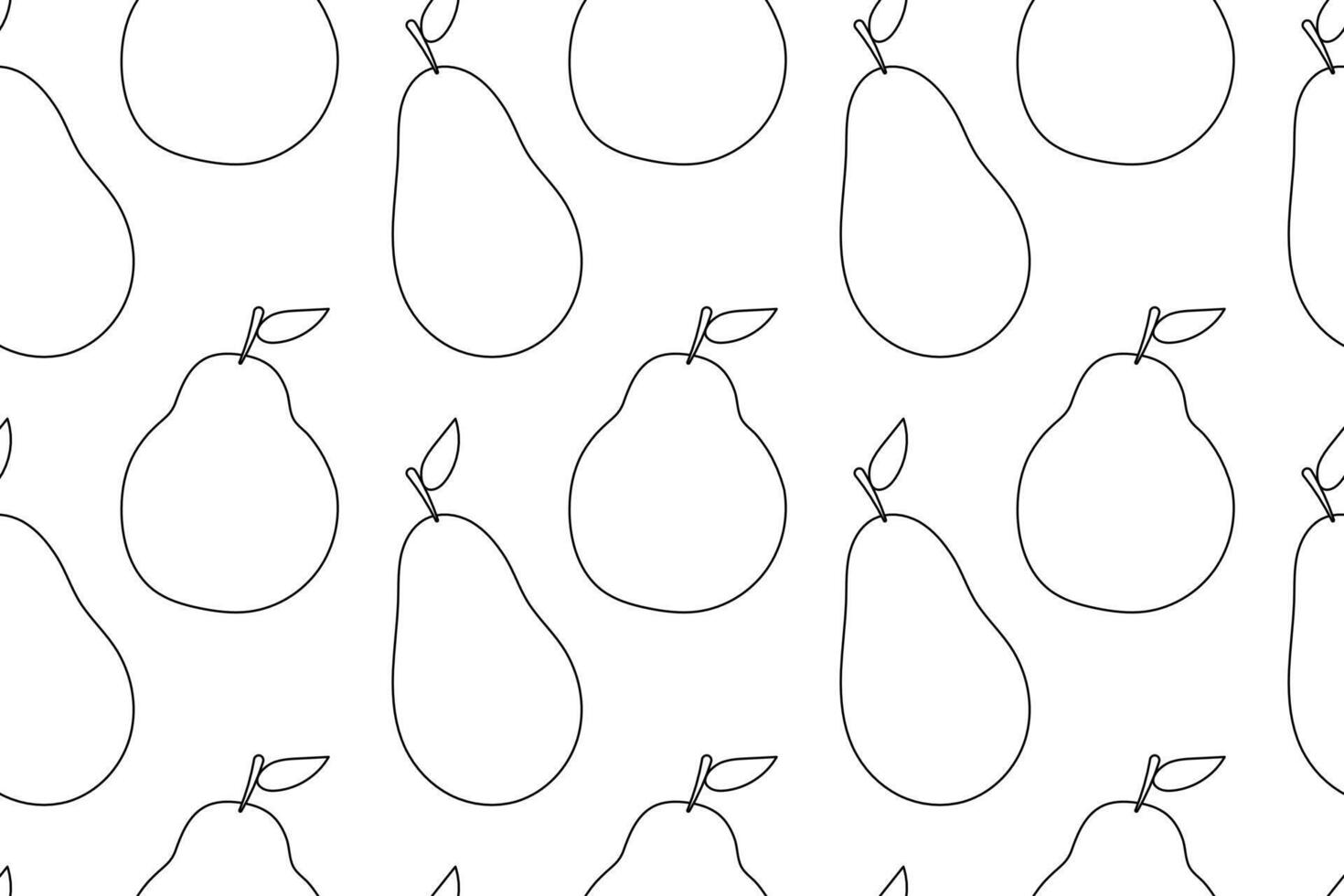 Seamless black and white pattern featuring pears with leaves in minimalistic line art style. Ideal for coloring pages. vector