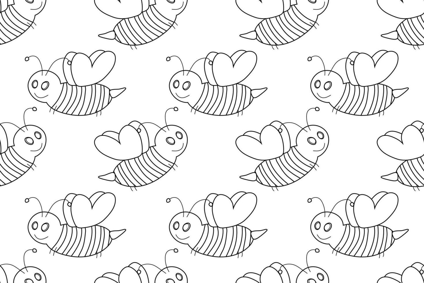 Adorable black and white seamless pattern featuring happy bees with heart-shaped wings, perfect for coloring projects. vector