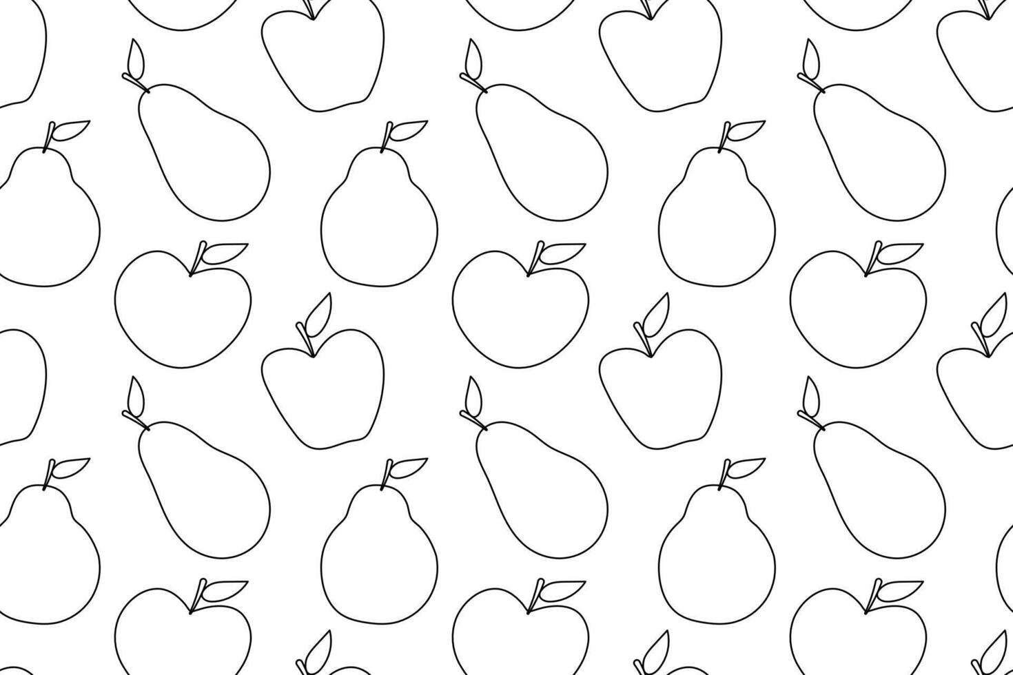 Seamless hand-drawn black and white pattern of apples and pears, perfect for coloring books or creative projects. vector